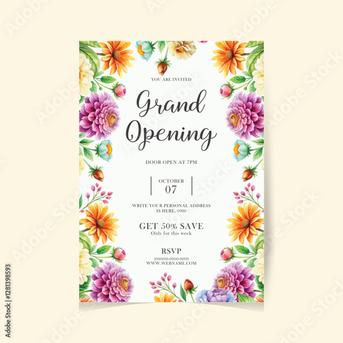 Grand opening party invitation illustration template decorated with floral design with elegant flowers
