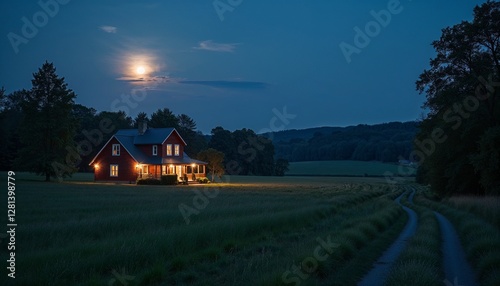 Cozy house illuminated at night, under full moonlight, surrounded by tranquil countryside landscape