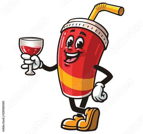 Soft drink cup character mascot cartoon is holding a glass of drink