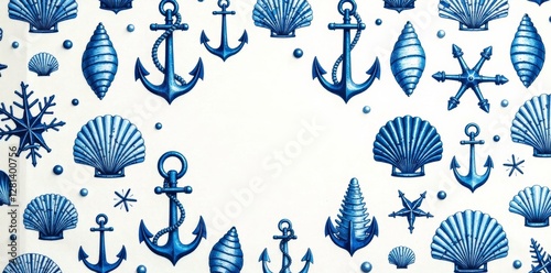 Blue and white toile de jouy pattern featuring sea shells, anchors, ropes and other nautical elements, coastal style, anchors
