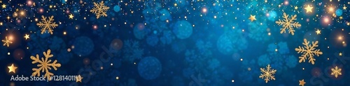 Blue background with gold glitter, snowflakes, and stars for Xmas and New Year decoration design , stars, glitter
