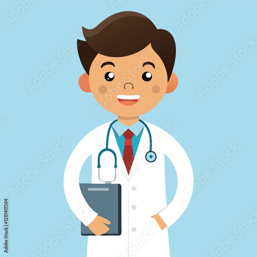 Friendly doctor character holding stethoscope and medical records.