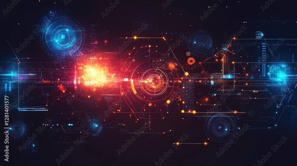 Obraz premium Futuristic abstract technology theme with glowing symbols, digital grids, and flowing data lines 