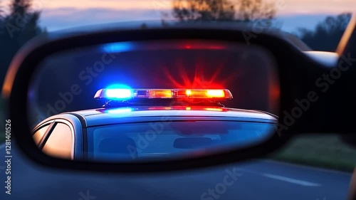 Rearview mirror, police car, flashing lights, highway, sunset