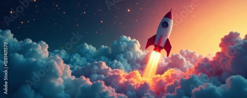 Business idea taking off with rocket ship and smartphone, technology launch, entrepreneurship