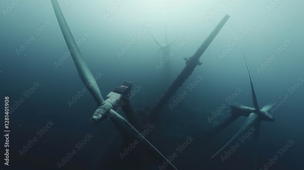 Fototapeta premium Submerged Wind Turbines Deep Underwater Scene