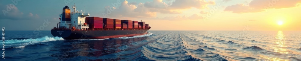 Naklejka premium Cargo ship sailing into horizon with container, freight, export