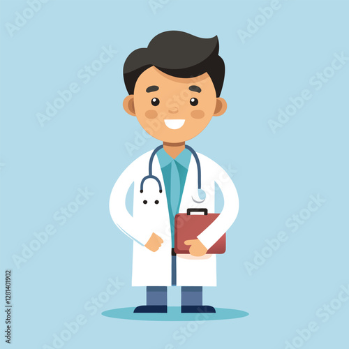 Friendly doctor character holding stethoscope and medical records.