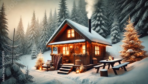 A rustic cabin in a snowy forest evoking warmth comfort and winter magic. photo