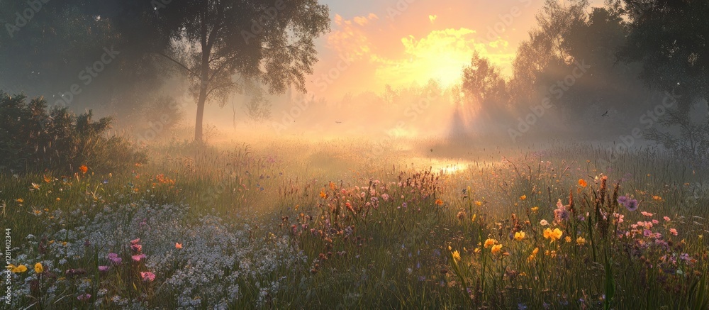 Naklejka premium Misty sunrise over a field of wildflowers.