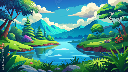 A tranquil lake surrounded by lush greenery, reflecting the blue sky and fluffy clouds. This digital art illustration captures the serene beauty of nature