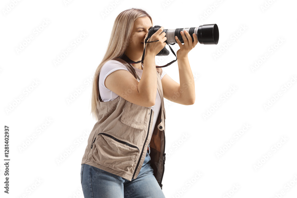 Female photo journalist taking a photo with a camera Female photo journalist taking a photo with a camera