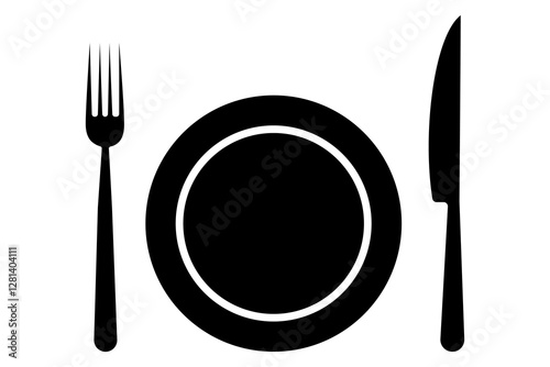 Fork, knife, spoon and plate set icons  Silhouette of cutlery vector illustration
