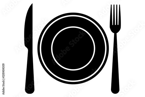 Fork, knife, spoon and plate set icons  Silhouette of cutlery vector illustration

