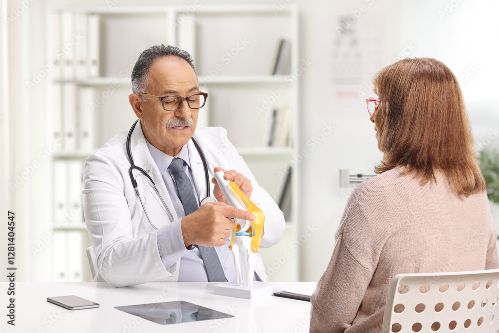 Doctor explaining a knee surgery procedure to a mature female patient Doctor explaining a knee surgery procedure to a mature female patient