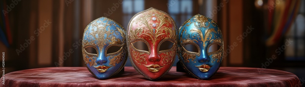 Fototapeta premium Three intricately designed decorative masks in blue, red, and gold, displayed on a table, capturing a vibrant artistic essence.