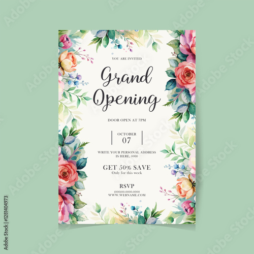 Grand opening party invitation illustration template decorated with floral design with elegant flowers
