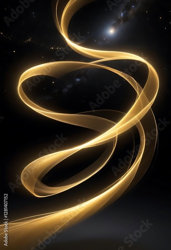 Golden ribbons gracefully curve amidst the vast starlit space backdrop