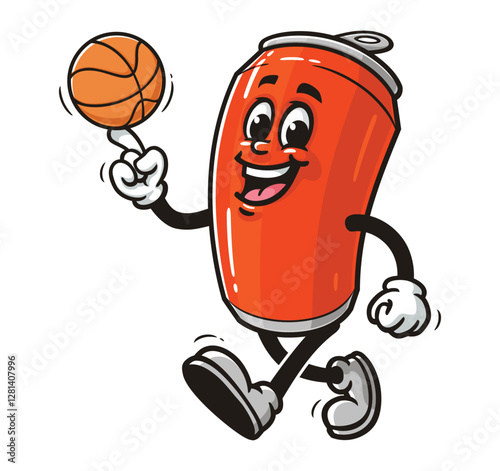 Soda Can character mascot cartoon playing basketball