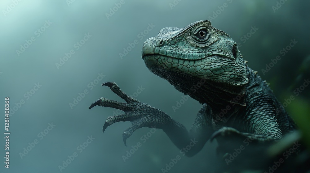 Obraz premium Lizard Reaching Out in Misty Environment