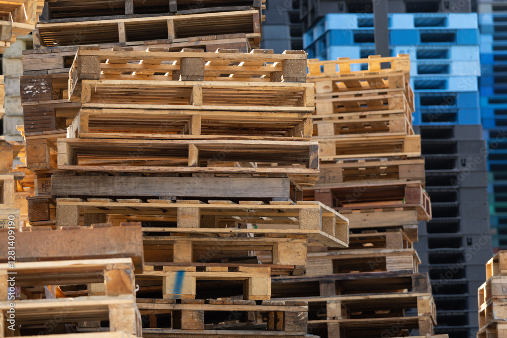 A pile of wooden pallets stacked on top of each other A pile of wooden pallets stacked on top of each other