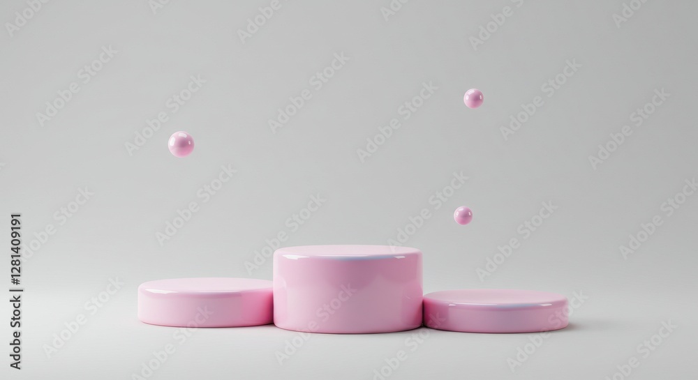 A creative display features a series of pastel pink platforms arranged in a minimalist layout A creative display features a series of pastel pink platforms arranged in a minimalist layout