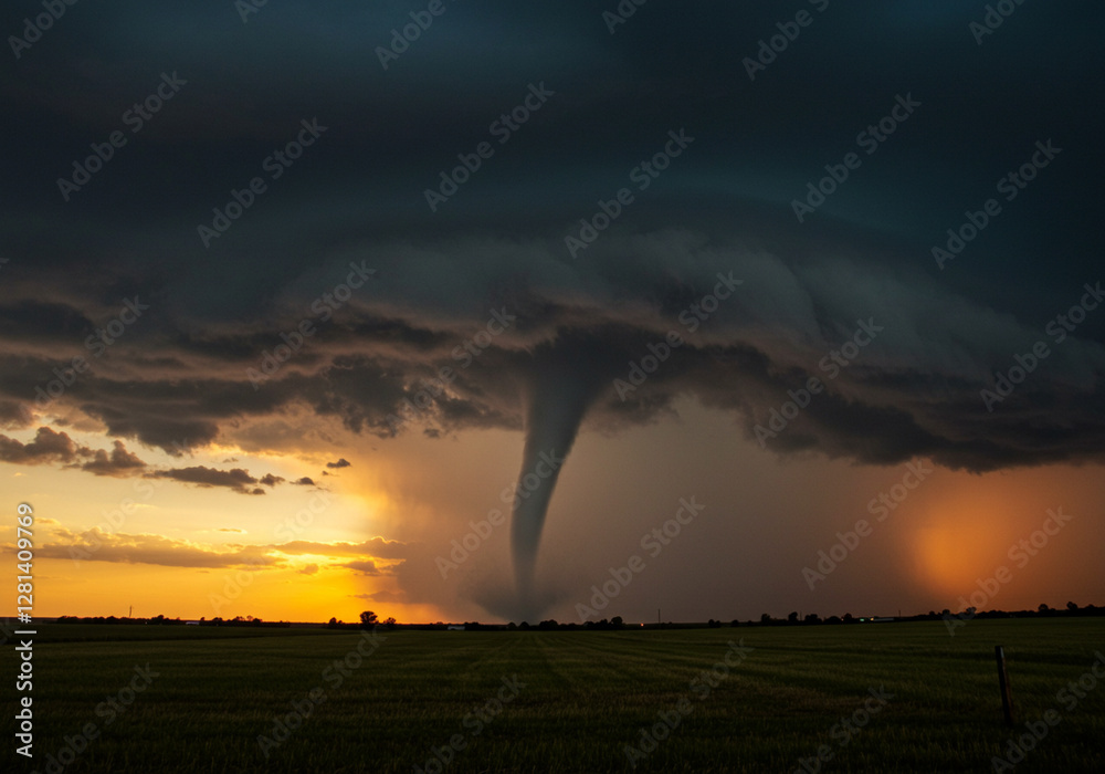 A powerful tornado descends from dark storm clouds, illuminated by a dramatic sunset, threatening the rural landscape. A powerful tornado descends from dark storm clouds, illuminated by a dramatic sunset, threatening the rural landscape.