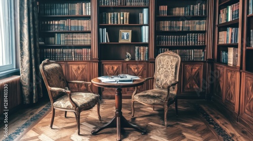 Wallpaper Mural A Serene Study: Classic Library Interior with Antique Chairs and Bookshelves Torontodigital.ca