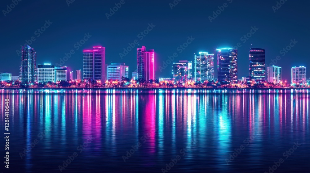 Obraz premium Neon Cityscape Reflection: A Vibrant Nightscape