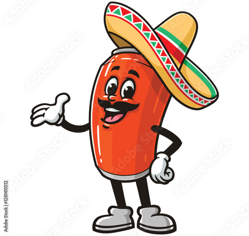 Soda Can character mascot cartoon wearing a sombrero