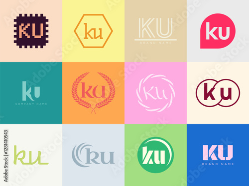 KU logo company template. Letter k and u logotype. Set different classic serif lettering and modern bold text with design elements. Initial font typography.