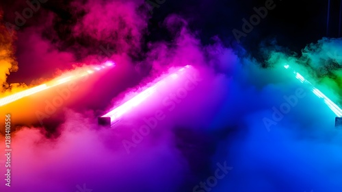 Vibrant theatrical lights in a spectrum of colors including neon laser beams and spotlights combined with billowing smoke create a mesmerizing and immersive performance experience