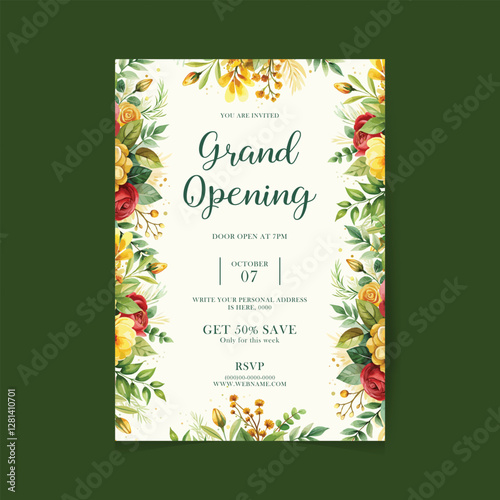Grand opening poster banner card for new brands .invitation card in floral design with elegant flowers

