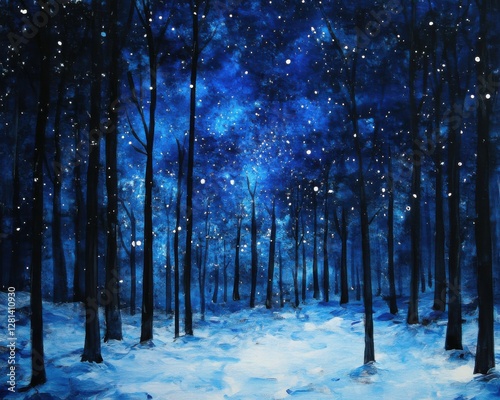 Snow Flurry. Abstract Christmas Night Sky with Blue Snow and Stars