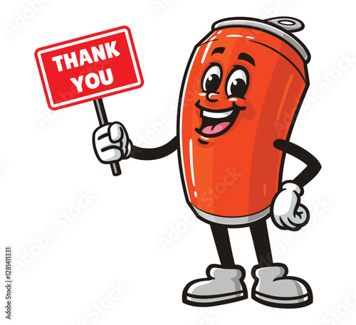 Soda Can character mascot cartoon holding a thank you sign