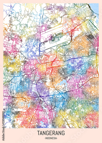 Obraz na płótnie Tangerang Indonesia City Map, downtown tourism, house art travel, scenic metropolis concept, travel art city, patriotic abstract banner w salonie