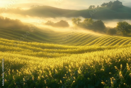 Sonoma Sunrise: Idyllic Winery Landscape with Chardonnay Vineyards and Wild Mustard Fields photo