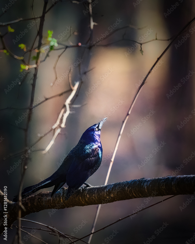 A bird with iridescent plumage perches on a branch, surrounded by delicate twigs and leaves. The background is softly blurred, highlighting the bird's vibrant colors against the muted tones..