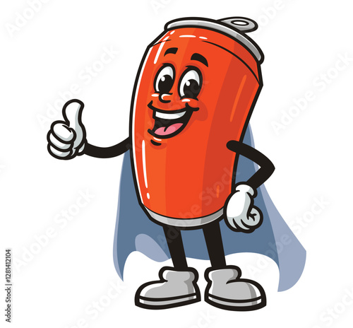 Soda Can character mascot cartoon with caped superhero style
