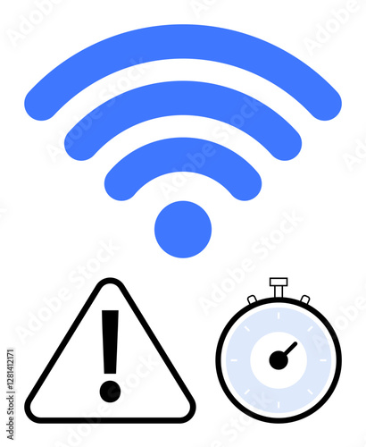 wireless signal icon, exclamation mark in a triangle, and stopwatch indicate online connectivity, warnings, and timing. Ideal for technology, communication, internet speed, warning alerts