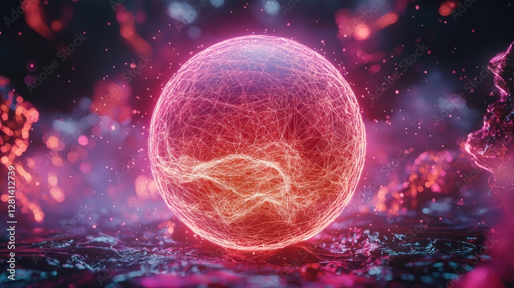 Naklejka premium Glowing Sphere in a Mystical Landscape: A Digital Art Piece