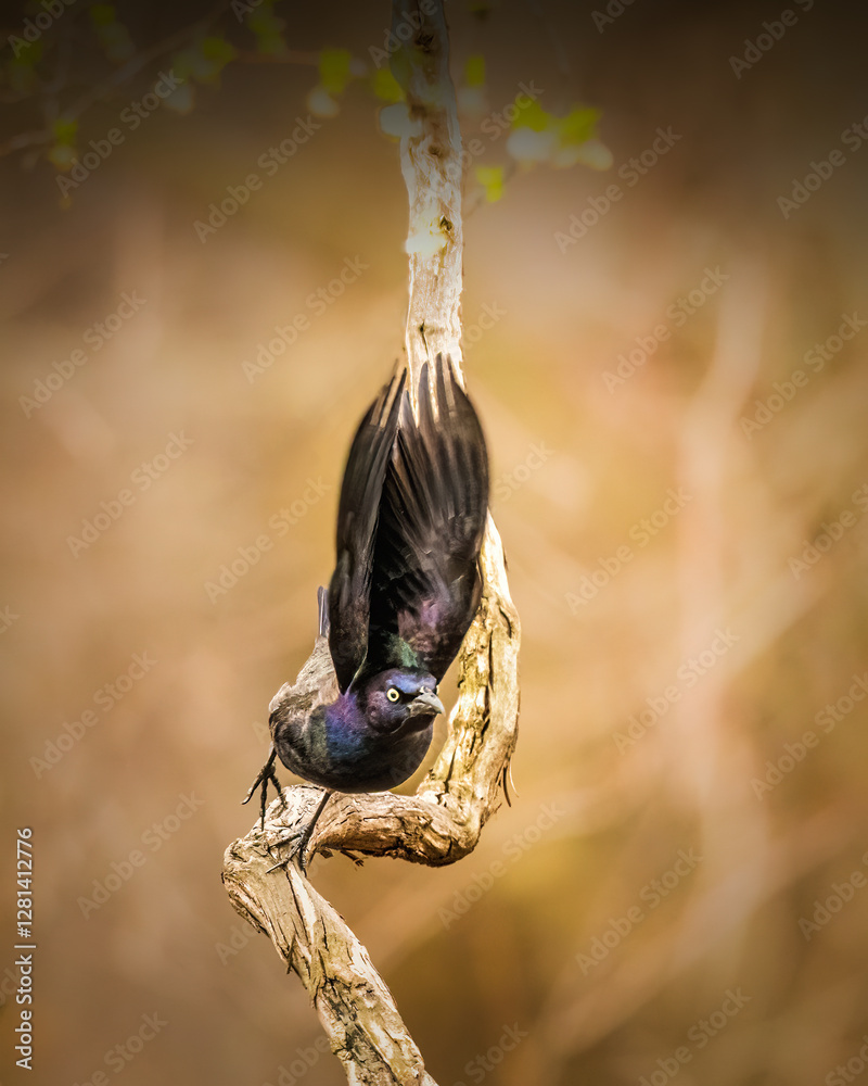 A bird with iridescent plumage perches on a twisted branch, its wings outstretched and ready for flight. The blurred, earthy background enhances the focus on the bird's striking colors and dynamic pos