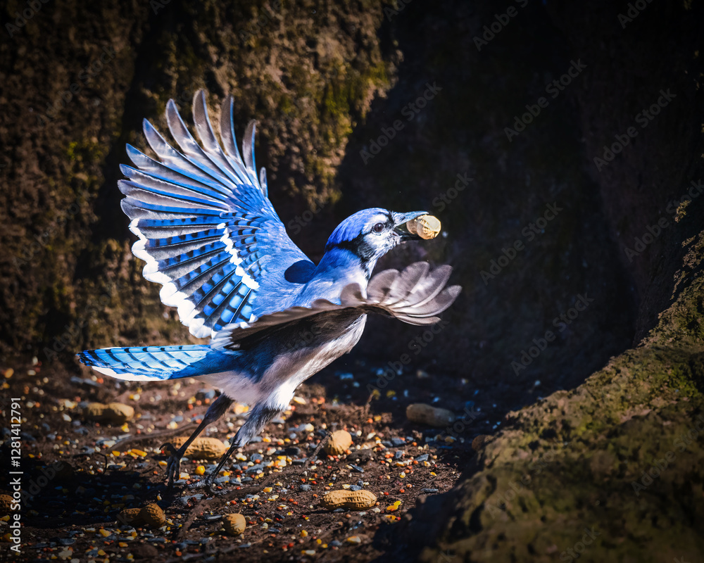 A blue jay is captured mid-flight with its wings fully spread, holding a peanut in its beak. The scene is set against a dark, natural background with peanuts scattered on the ground..
