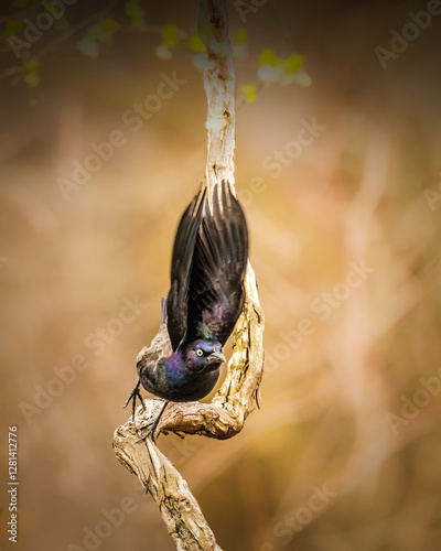 Obraz na płótnie A bird with iridescent plumage perches on a twisted branch, its wings outstretched and ready for flight. The blurred, earthy background enhances the focus on the bird's striking colors and dynamic pos w salonie