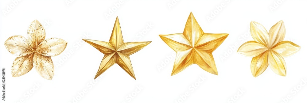 Shiny Golden Stars: Five Radiant Symbols Isolated on a Crisp White Backdrop Shiny Golden Stars: Five Radiant Symbols Isolated on a Crisp White Backdrop