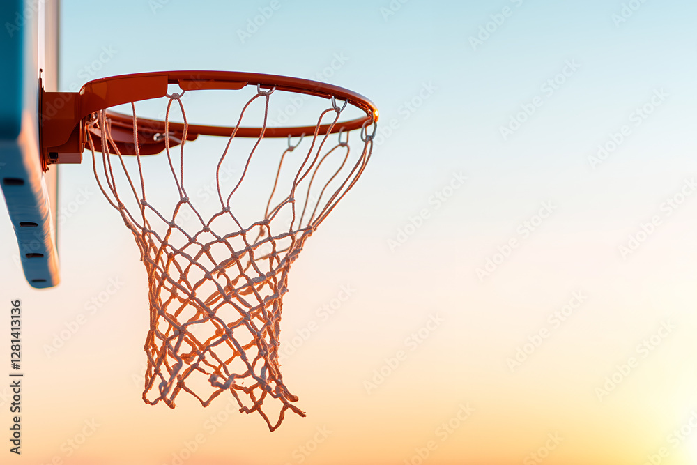 A classic basketball hoop standing against a gradient sunset sky, with its net gently swaying A classic basketball hoop standing against a gradient sunset sky, with its net gently swaying