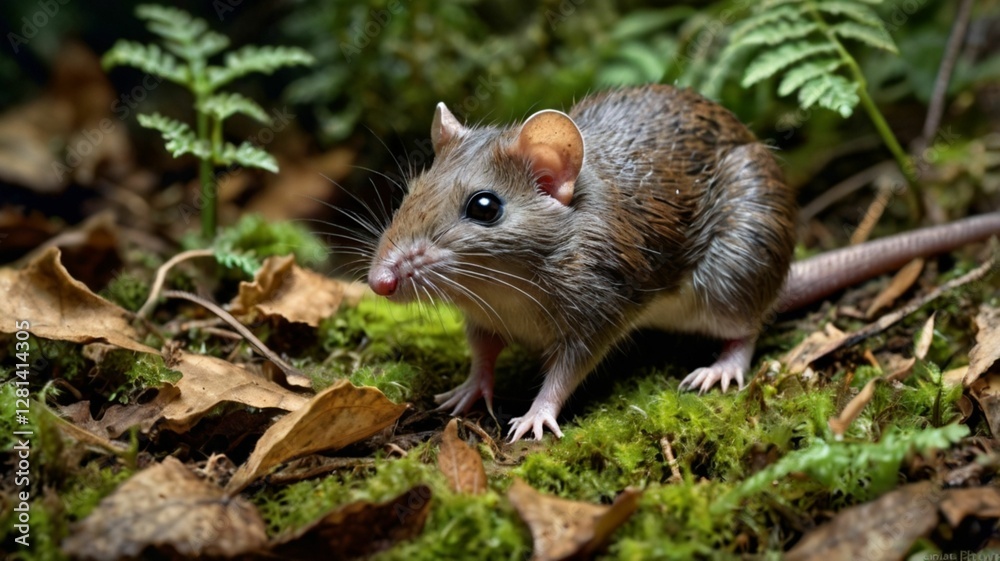 A detailed and realistic depiction of a common shrew scurrying through a patch of woodland floor A detailed and realistic depiction of a common shrew scurrying through a patch of woodland floor