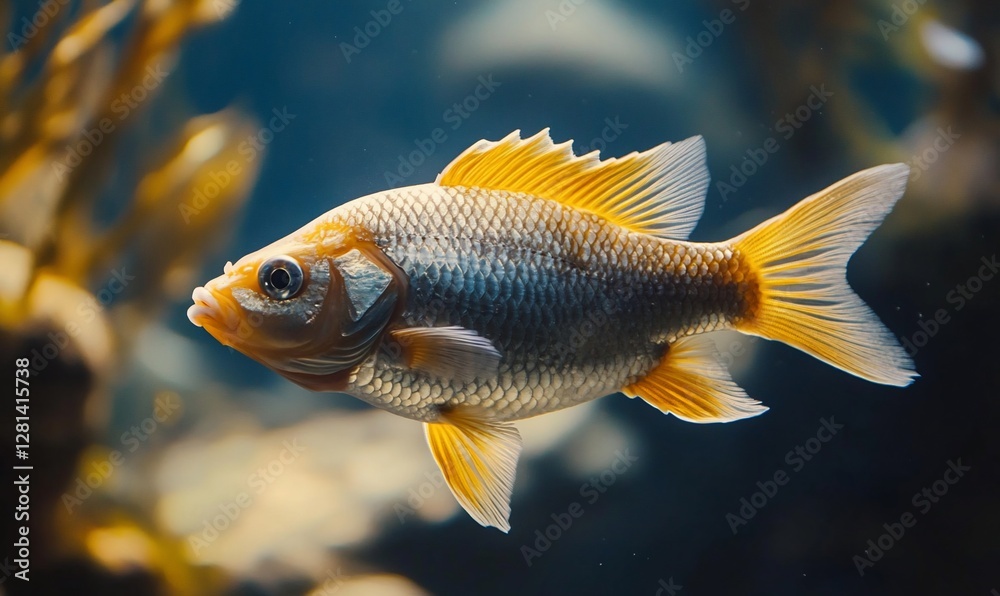 Golden fish swims underwater with blurred foliage, for educational marine use Golden fish swims underwater with blurred foliage, for educational marine use