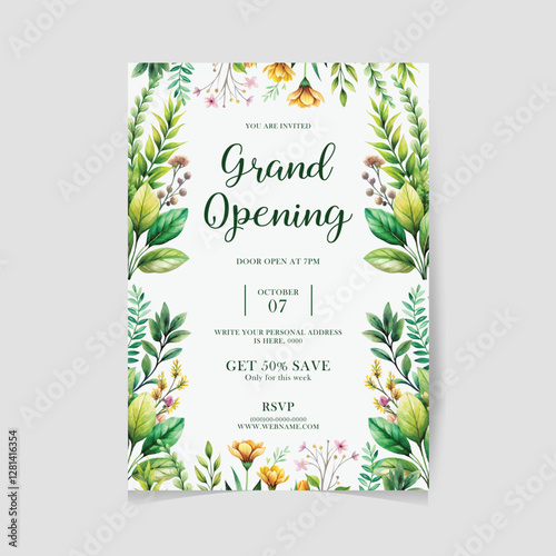 Grand opening poster banner card for new brands .invitation card in floral design with elegant flowers