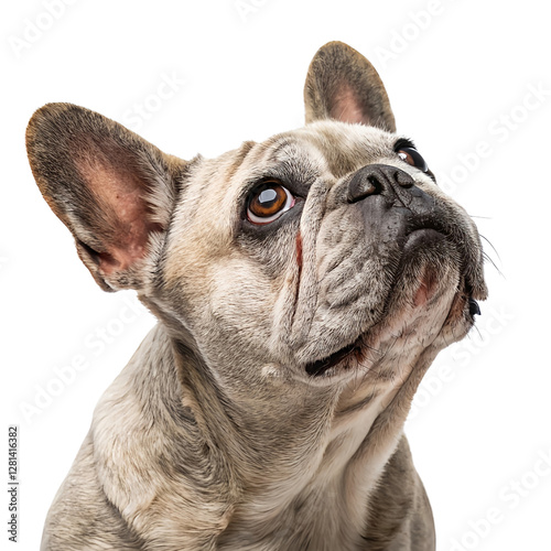 Close-up of an old french bulldog looking up isolated on a transparent background